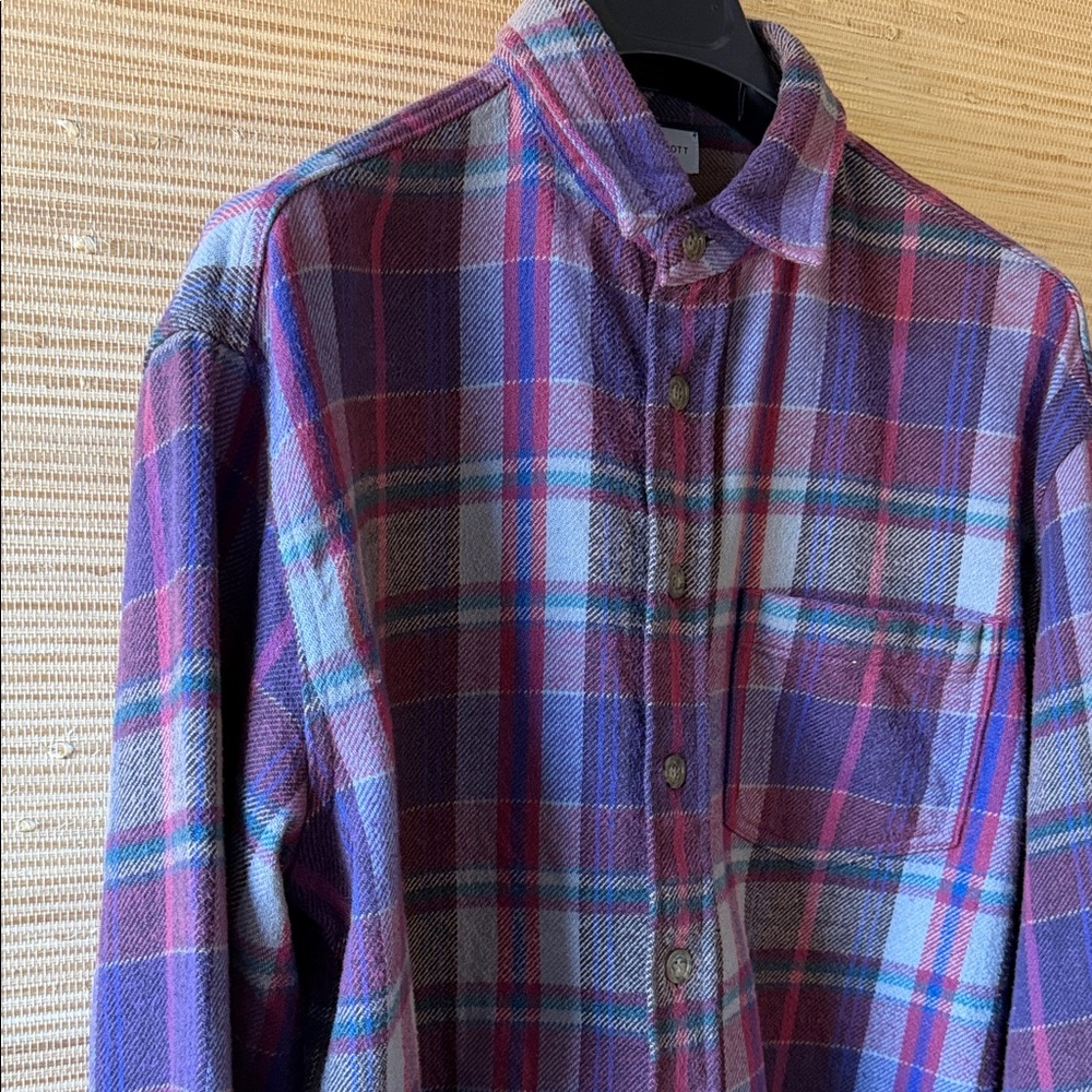 John Elliott Plaid Button-Down Shirt in Purple and Red - Picture 2 of 11